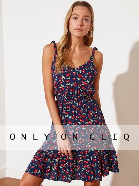 trendyol navy & red printed a-line dress