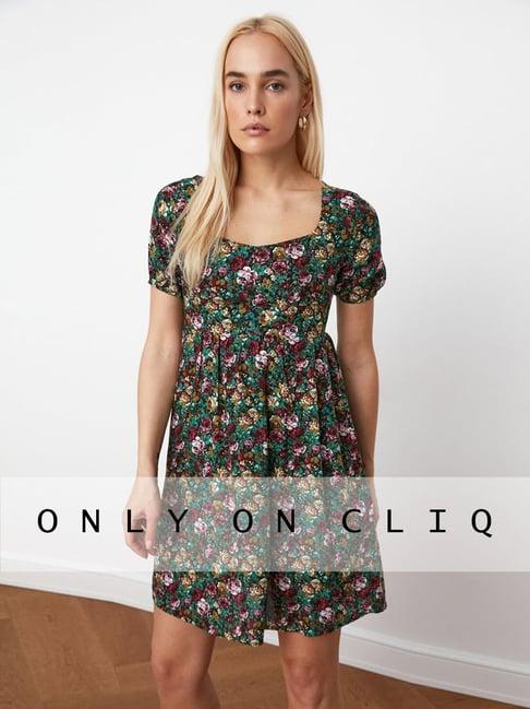 trendyol green & red floral print a-line dress