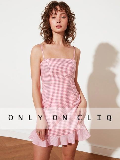 trendyol pink chequered a-line dress