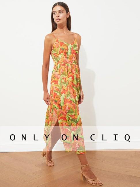 trendyol orange & green printed a-line dress