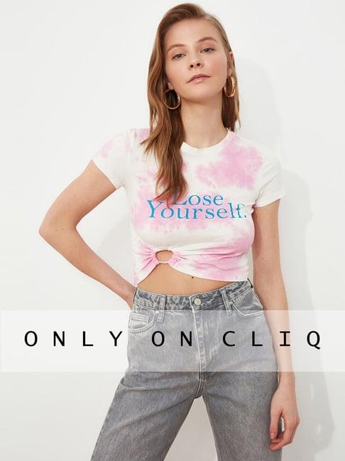 trendyol pink & white cotton graphic print top