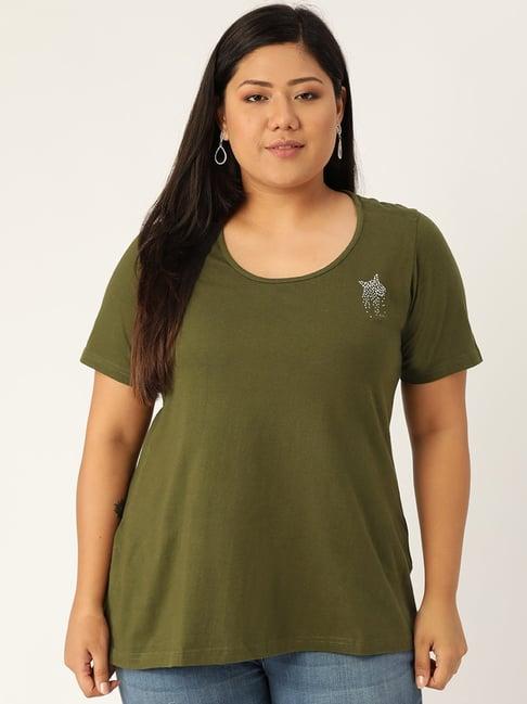 therebelinme olive green cotton embellished t-shirt