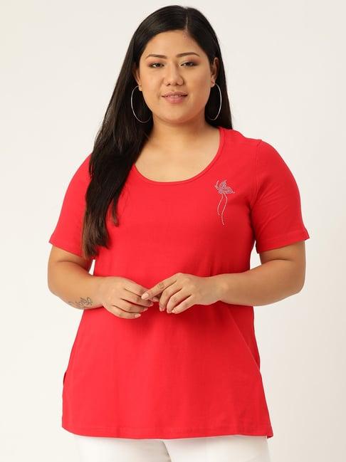 therebelinme red cotton embellished t-shirt