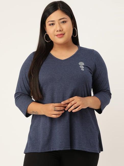 therebelinme melange blue cotton embellished t-shirt