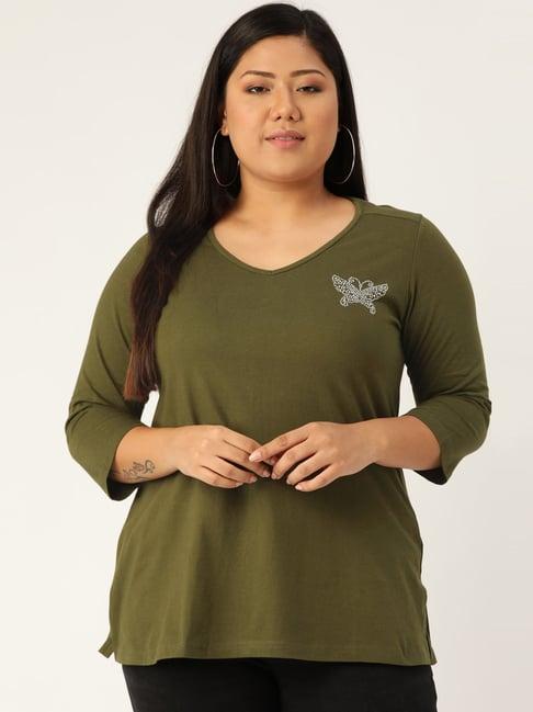 therebelinme olive green cotton embellished t-shirt