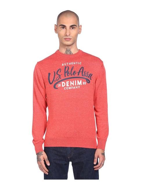 u.s. polo assn. orange printed round neck sweater