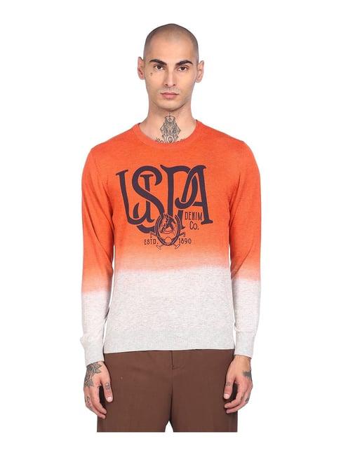 u.s. polo assn. orange & white printed round neck sweater