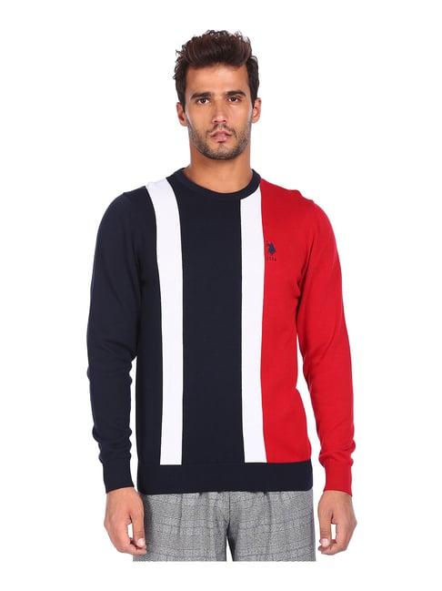 u.s. polo assn. navy & red striped round neck sweater