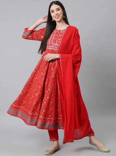 anubhutee red cotton embroidered kurta pant set with dupatta