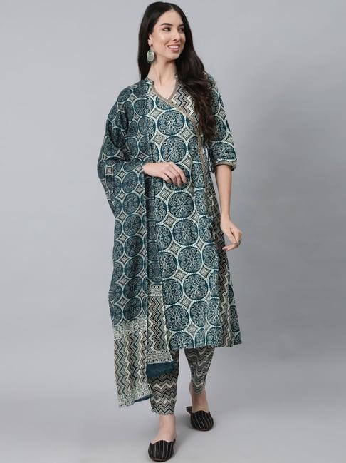 anubhutee blue cotton printed kurta pant set with dupatta