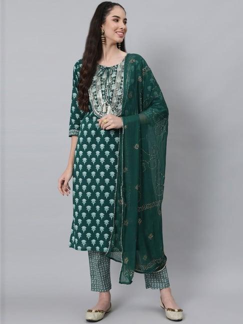 anubhutee green cotton embroidered kurta pant set with dupatta