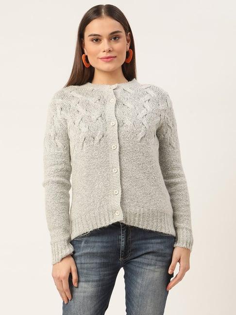 rooted grey self design round neck sweater