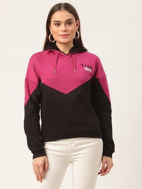 elle magenta & black full sleeve hooded sweatshirt