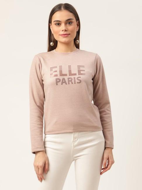 elle beige printed round neck t-shirt