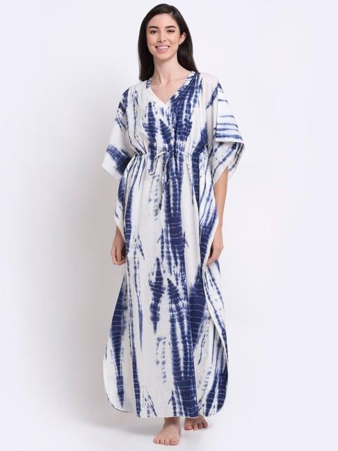 claura white & blue printed kaftan night dress