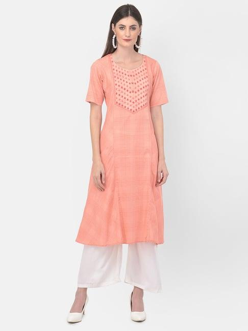 span pink cotton embroidered a line kurta