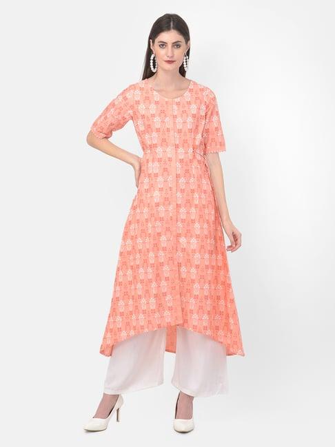 span pink cotton printed a line kurta