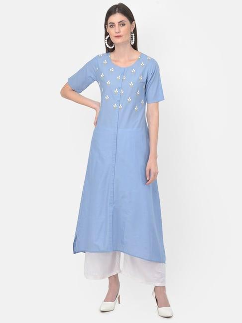 span blue cotton embroidered a line kurta