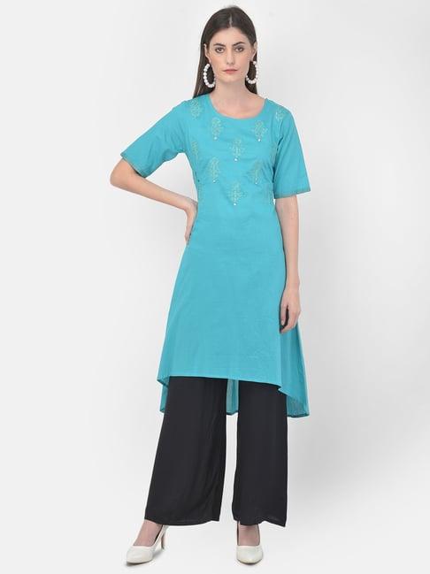 span blue cotton embroidered a line kurta