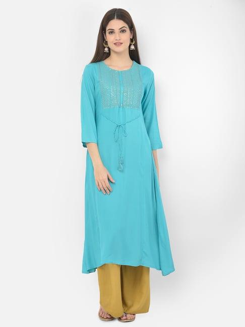 span turquoise embellished straight kurta