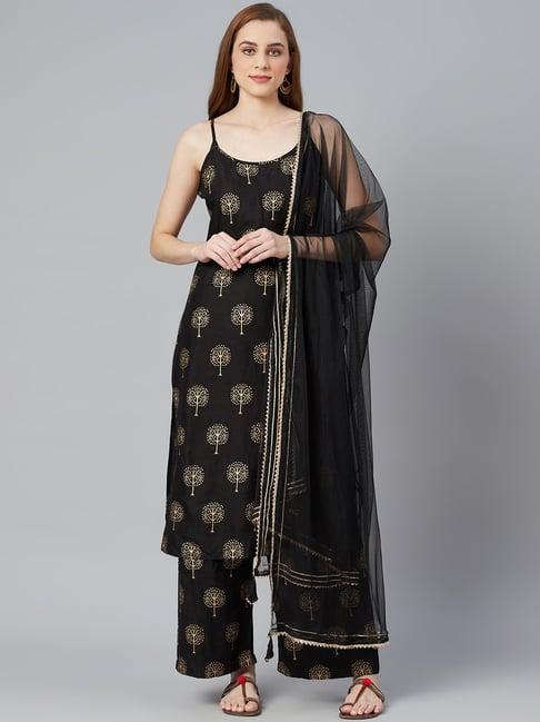 divena black cotton printed kurta palazzo set with dupatta