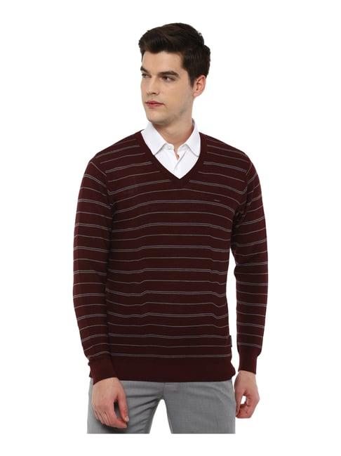 van heusen maroon cotton regular fit striped sweater