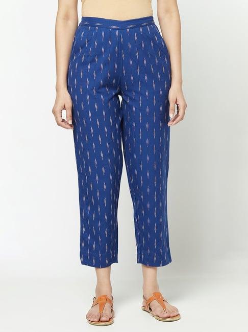 fabindia blue cotton printed pants