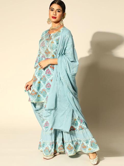 ishin blue embroidered kurti sharara set with dupatta