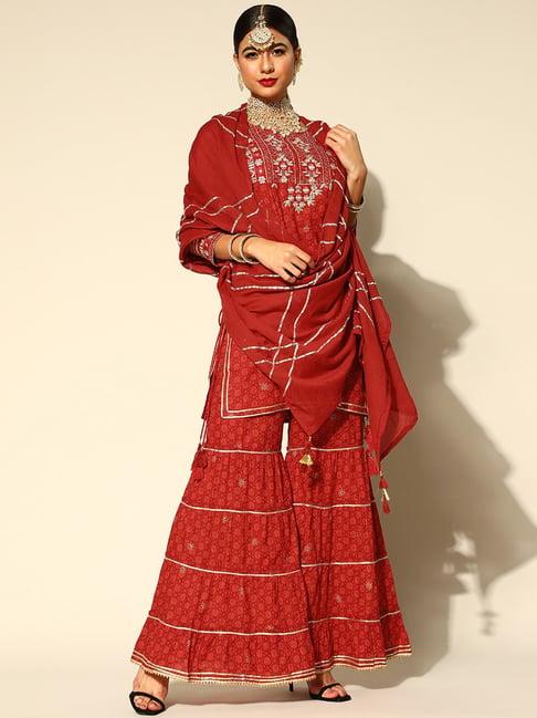 ishin red embroidered kurti sharara set with dupatta