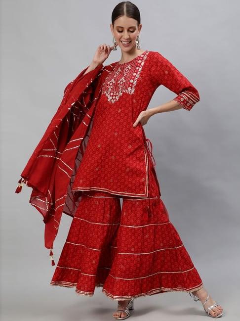 ishin maroon embroidered kurti sharara set with dupatta