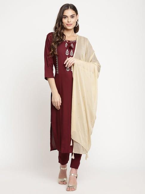 sringam maroon embroidered kurta with pant & dupatta