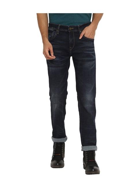 royal enfield dark blue slim fit coated jeans