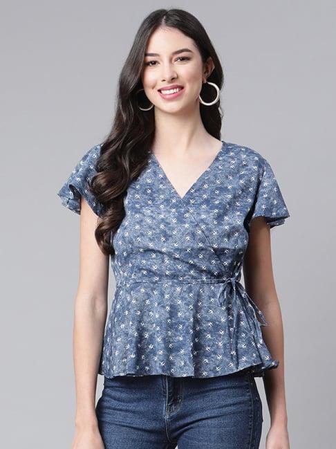 cottinfab blue printed wrap crepe top