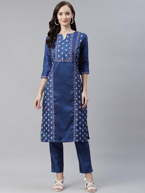 ziyaa blue & gold floral print kurta pant set