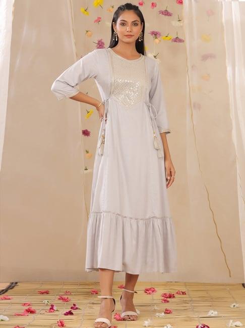 juniper grey zari embroidered rayon dobby maxi dress