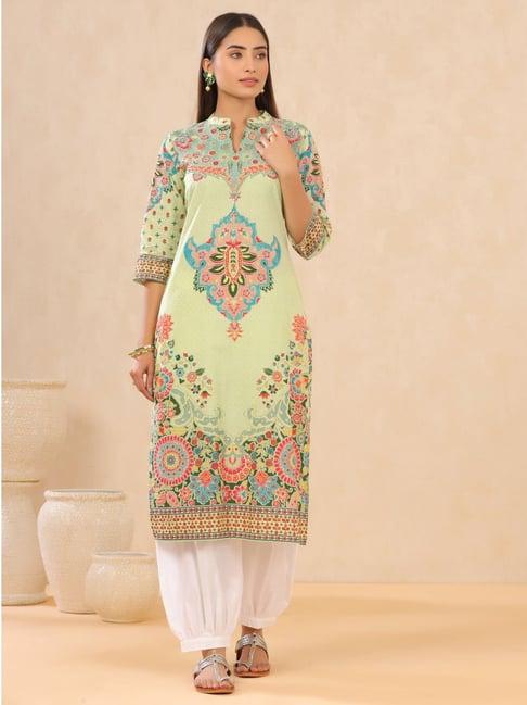 juniper pista green ethnic motif printed pure cotton straight kurta