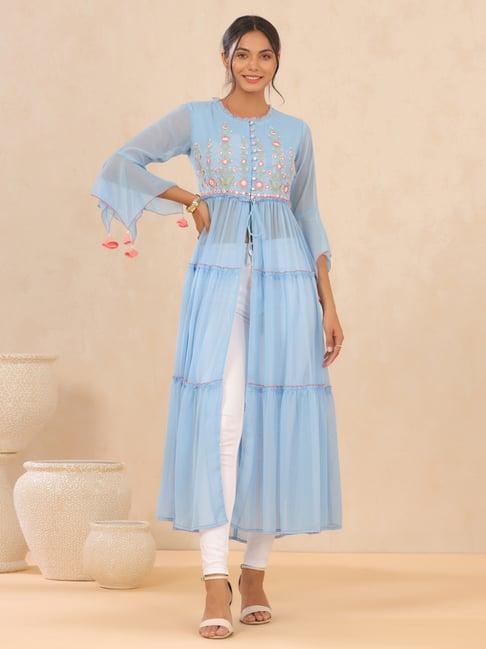 juniper powder blue floral printed chiffon tiered kurta with thread work embroidery