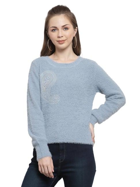 mafadeny blue embellished round neck sweater