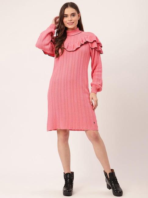 elle pink self design a-line dress