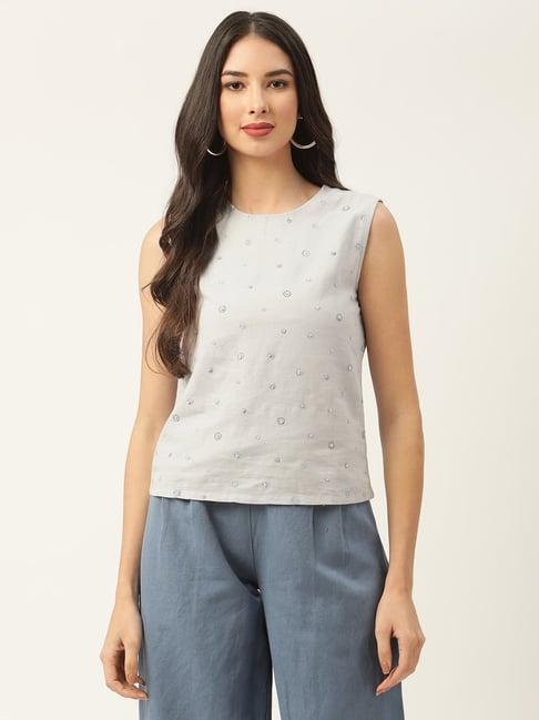 rooted grey embellished a-line top