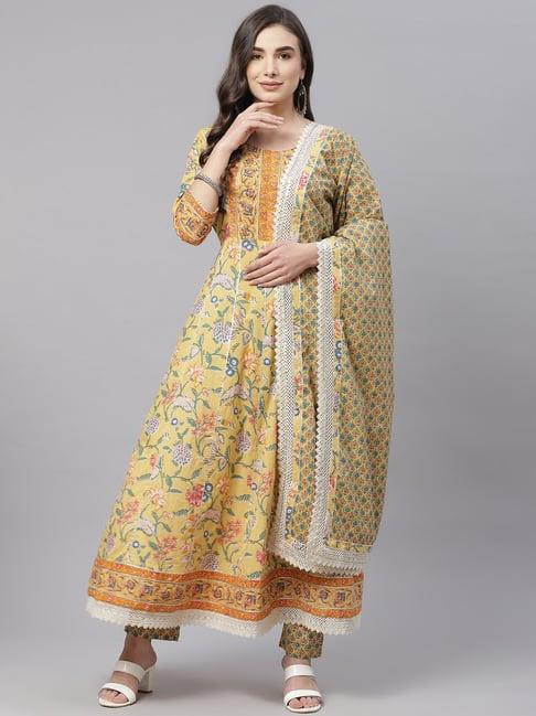 divena yellow embellished kurta with pant & dupatta