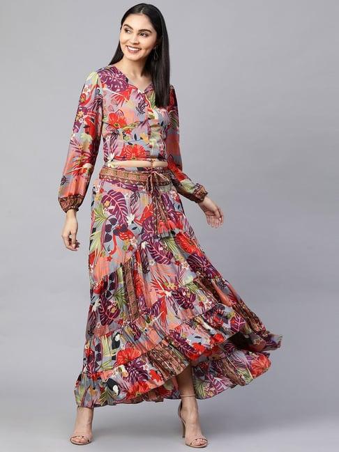 fashor multicolored printed top skirt set