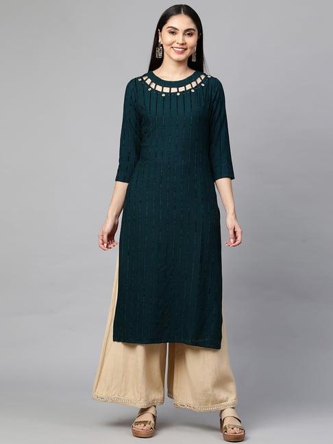 fashor teal blue embellished straight kurta