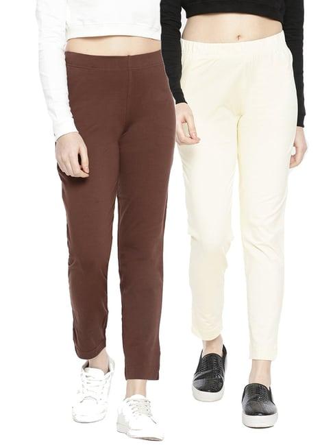 dollar missy cream & brown elasticated trousers - pack of 2