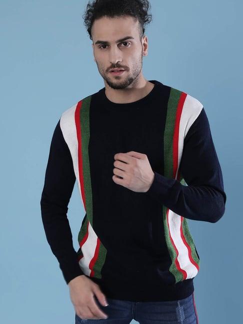 campus sutra navy round neck striped sweater