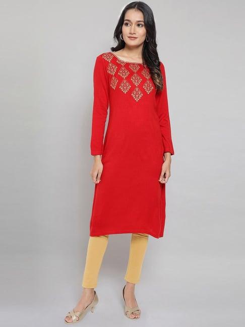 aurelia red embellished straight kurta