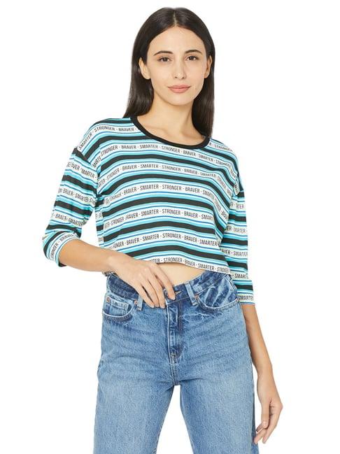 spykar turquoise & black striped crop top