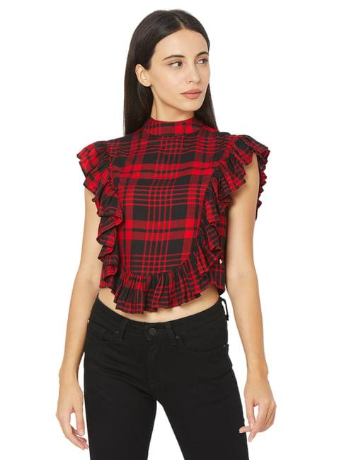 spykar black & red check crop top