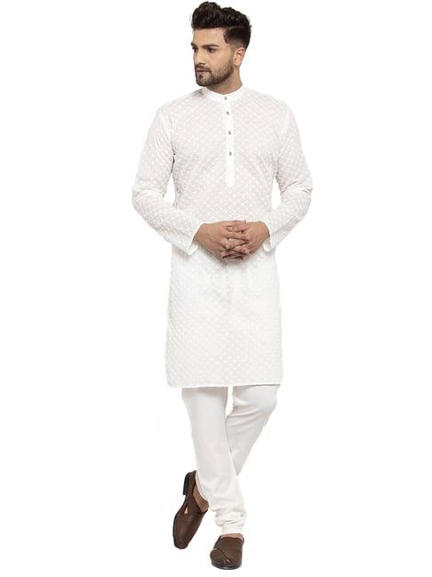 jompers white cotton regular fit chikankari kurta & churidar