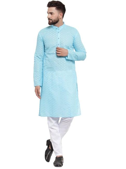 jompers light blue cotton regular fit chikankari kurta & payjama